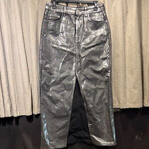Mango Metallic Silver High-Waist Straight Long Denim Skirt Split Front M